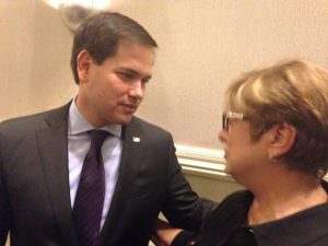 Marco Rubio was welcomed by friends and supporters at his Miami event Sunday night, including Marilyn Bovo, who was probably at the BBQ on Saturday, too