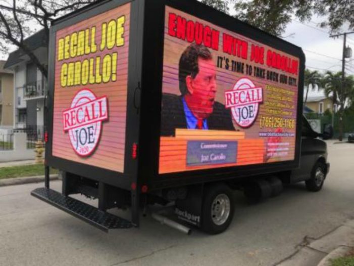 Recall Joe Carollo mobile billboard rides; press conference, protests to come
